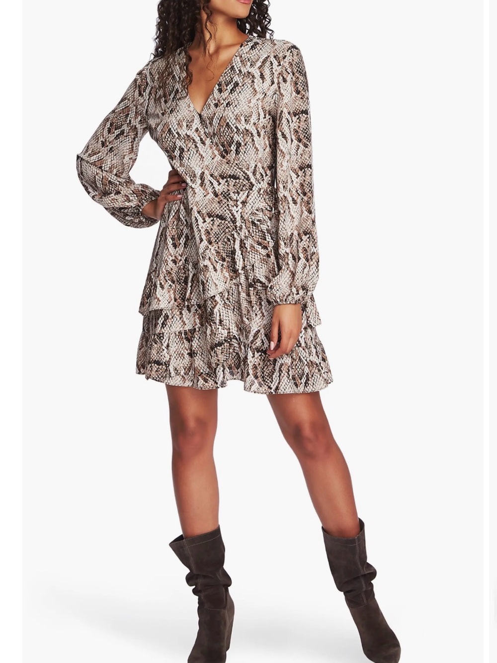 1. State Beige & Brown Snake Print Ruffle Wrap Mini Dress